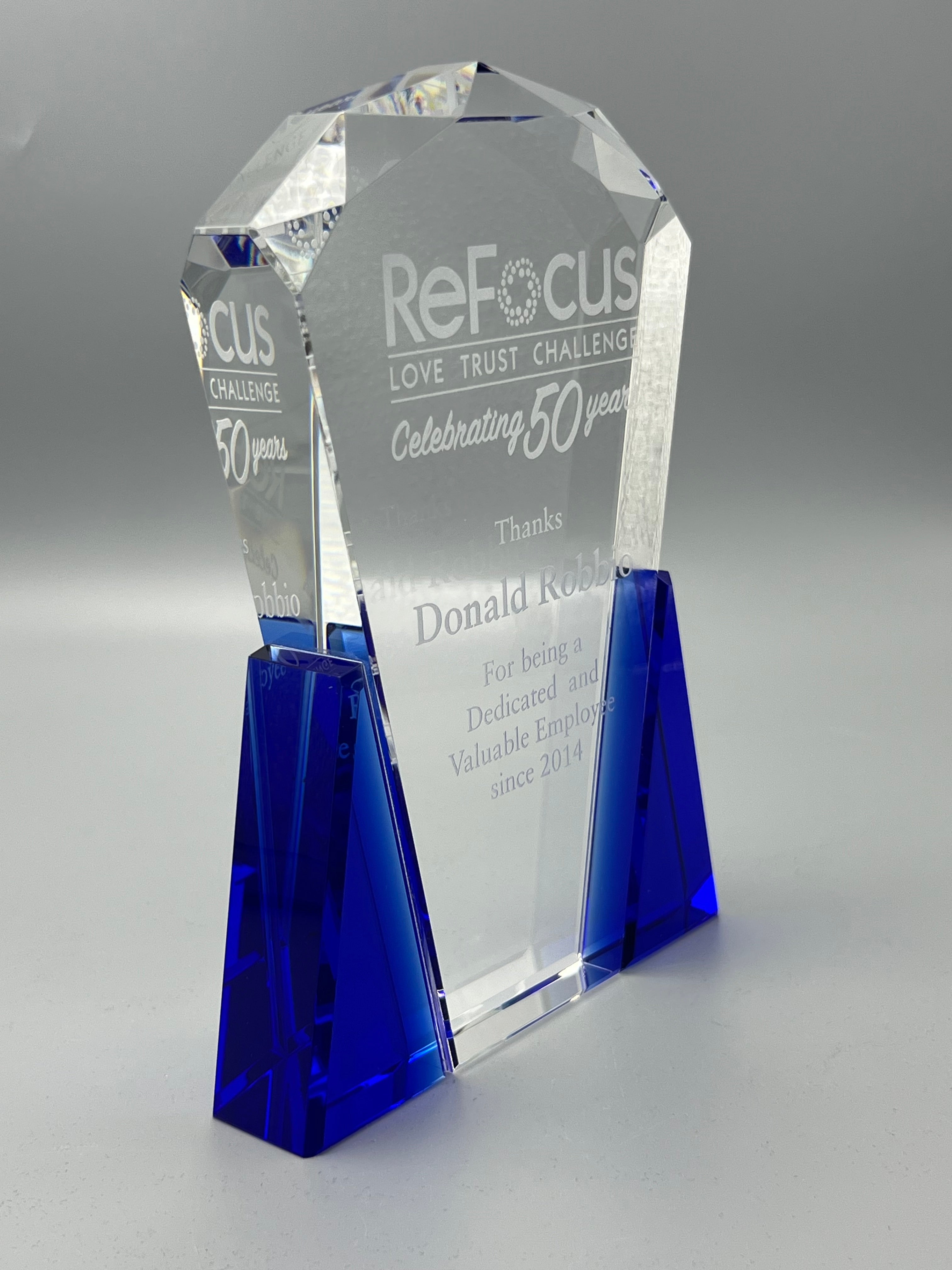 Crystal award with blue sides