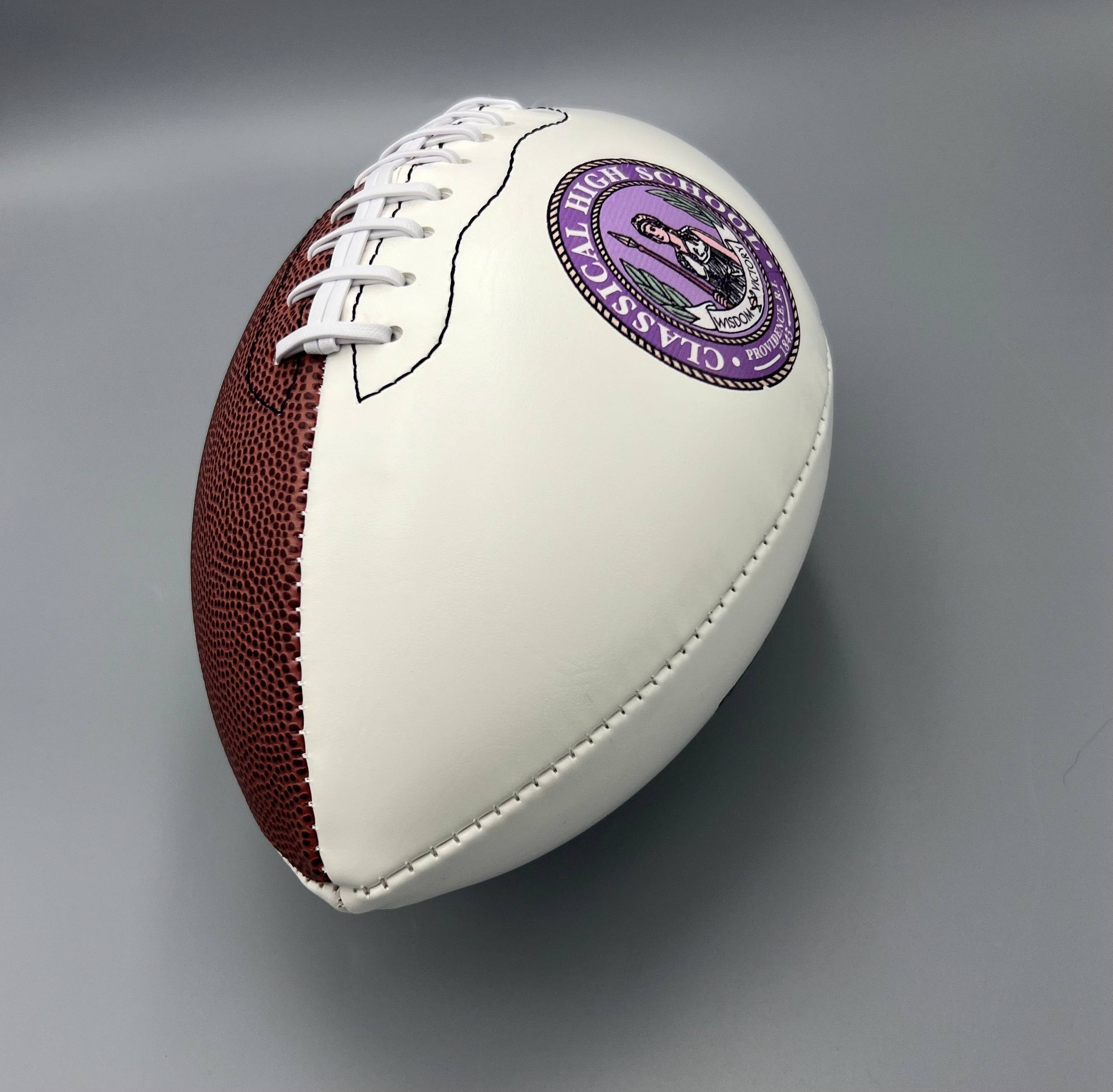 Regulation size football with  a logo printed
