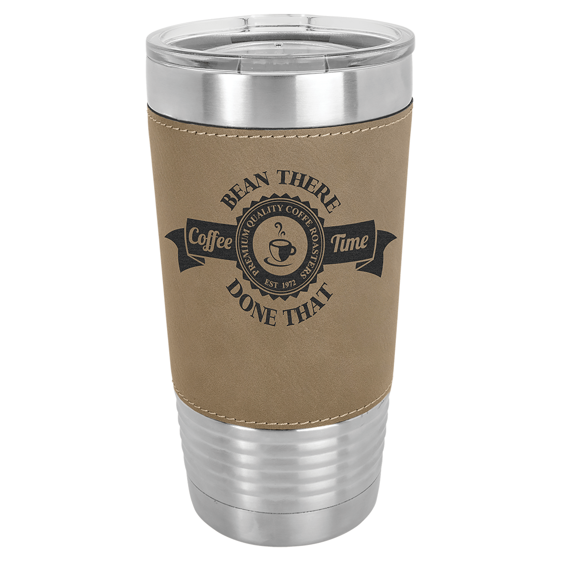 20 oz. Light Brown Laserable Leatherette Tumbler with Clear Lid